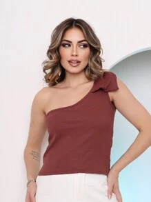Blusa Cropped Feminina de Alça Larga Assimétrica, Ombro Único, Versátil para o Verão - Castanho - Visão 2