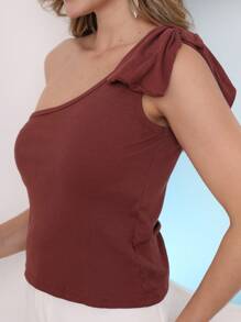 Blusa Cropped Feminina de Alça Larga Assimétrica, Ombro Único, Versátil para o Verão - Castanho - Visão 3
