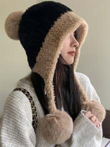 Cozy Winter Beanie With Ear Flaps - Cute Plush Pom-Pom, Thick Thermal Lined Knit Hat For Women, Stretchy Winter Hats For Women Embroidered Hat Halloween