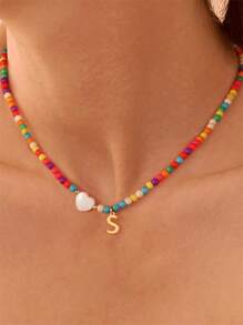 1pc Elegant Teen Girls Gold Stainless Steel 26 Alphabet Letter & Colorful Plastic Bead Heart Pendant Necklace, Suitable As Gift For Bestie, Schoolmate Or Friend