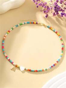 1pc Elegant Teen Girls Gold Stainless Steel 26 Alphabet Letter & Colorful Plastic Bead Heart Pendant Necklace, Suitable As Gift For Bestie, Schoolmate Or Friend