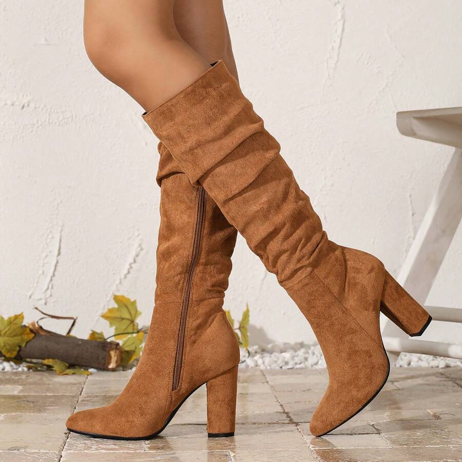 女士时尚粗跟及膝靴，秋季尖头粗跟马术靴，棕色靴子 - 棕色 - 查看 1