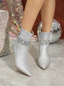 Women's High Heel Pointed Toe Fashion Boots, Sparkling Fabric, Rhinestone Decor, 7.3cm Heel Height, Comfortable For Parties, Gatherings And Weddings