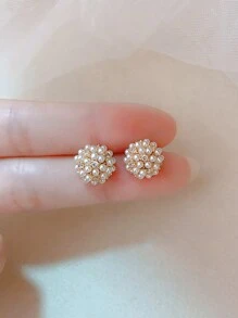 1 对女士小号仿珍珠装饰休闲百搭耳钉 - 仿珍珠耳環[1對] - 查看 4