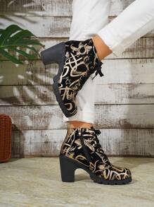 Women's New Fashion Metallic Print Suede Round Toe Block Heel Zipper Lace-Up Comfortable Vintage Street Style  Boots