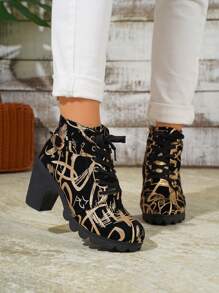 Women's New Fashion Metallic Print Suede Round Toe Block Heel Zipper Lace-Up Comfortable Vintage Street Style  Boots