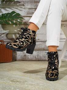Women's New Fashion Metallic Print Suede Round Toe Block Heel Zipper Lace-Up Comfortable Vintage Street Style  Boots