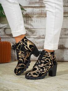 Women's New Fashion Metallic Print Suede Round Toe Block Heel Zipper Lace-Up Comfortable Vintage Street Style  Boots