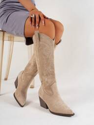 Nuevas botas altas para mujer de tacón grueso, estilo occidental, versátiles, con bordados en