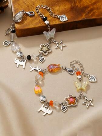 2pcs/Set Teen' Hollow Sun Moon Star Pendant Alloy & Glass Beads Bracelet, Elegant & Versatile Gift For Girls
