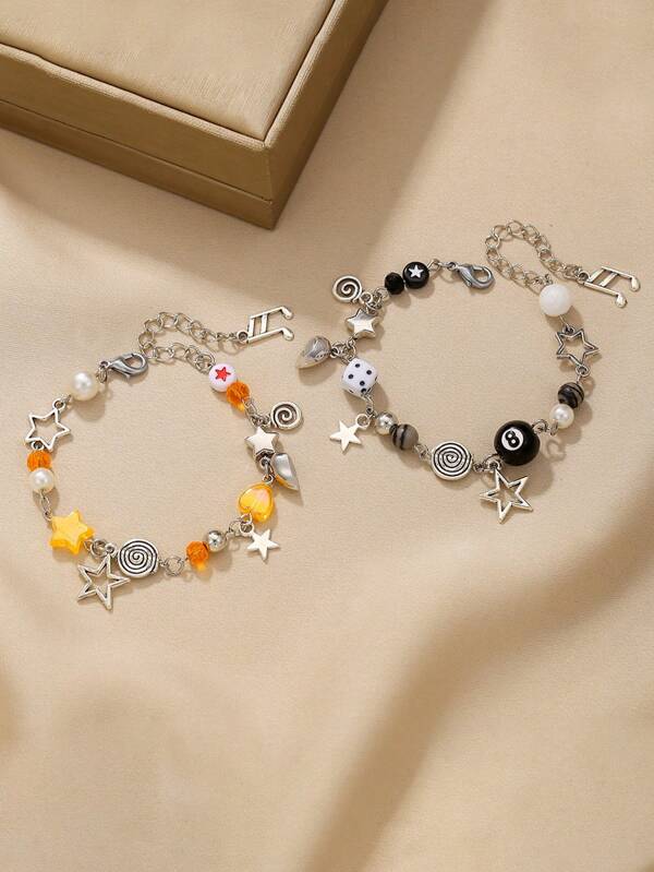 2pcs/Set Kids' Hollow Sun Moon Star Pendant Alloy & Glass Beads Bracelet, Elegant & Versatile Gift For Girls