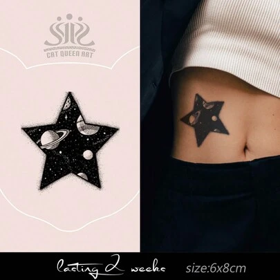 1片装草本果汁图案临时纹身贴纸，星空五芒星图案，适用于音乐节派对装饰，7-14天防水防晕染，适合手臂、腰部、肩膀、颈部、锁骨等部位。