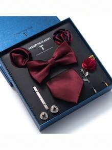 AlanKing 1set Orange Necktie, Pocket Square, Cufflinks, Boutonniere Suit For Men, Wedding Party Formal Gift Box Christmas