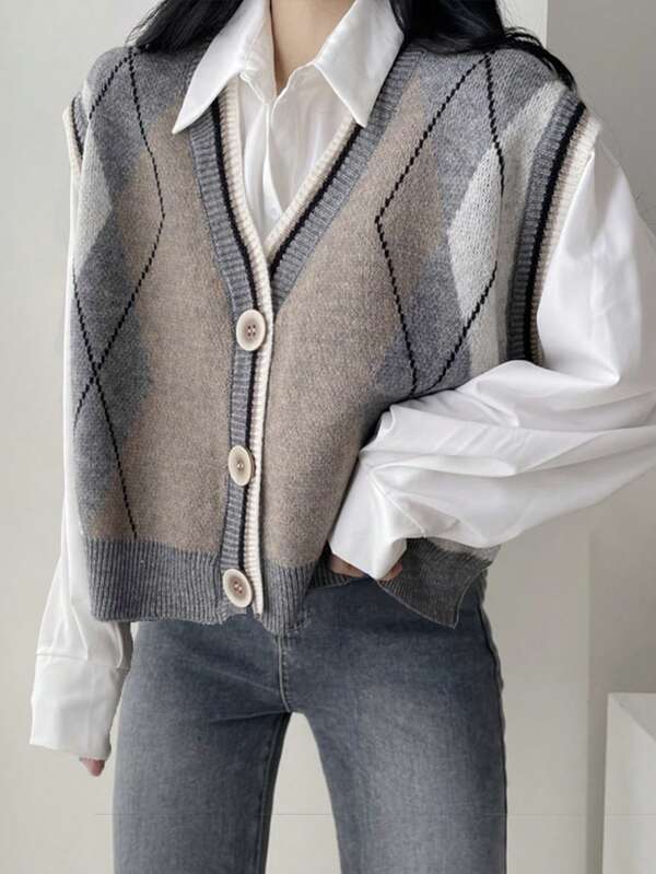 Gilet lavorato a maglia stile college vintage con motivo argyle e colori a contrasto (senza camicia)