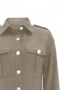 Women Solid Color Corduroy Flap Pocket Shirt Casual Spring - Khaki - View 5