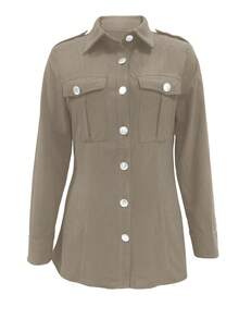 Women Solid Color Corduroy Flap Pocket Shirt Casual Spring - Khaki - View 4