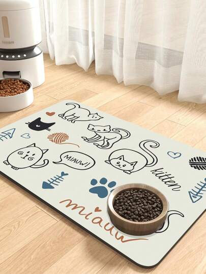 1pcs50cm * 80cm Cat Pattern Pet Food Mat, Suitable For Feeding And Drinking Pets, Rubber Bottom Anti Slip And Absorbent Pet Feeding Mat