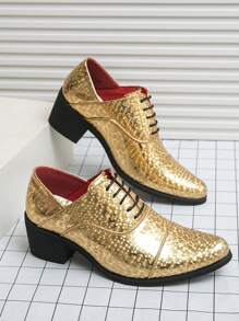 Men's Shiny Patent Leather Dress Shoes, Gold Color, Suitable For Office, Party, Wedding, Formal Occasions, Height Increasing - Gold - View 2