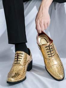 Men's Shiny Patent Leather Dress Shoes, Gold Color, Suitable For Office, Party, Wedding, Formal Occasions, Height Increasing - Gold - View 1