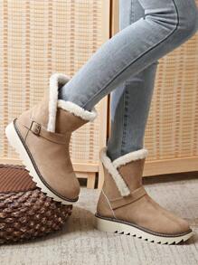 Women's Winter Thick Sole Flat Strap Khaki Outdoor Snow Boots - Khaki - View 3