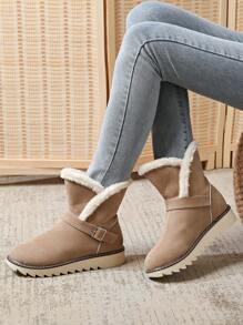 Women's Winter Thick Sole Flat Strap Khaki Outdoor Snow Boots - Khaki - View 4