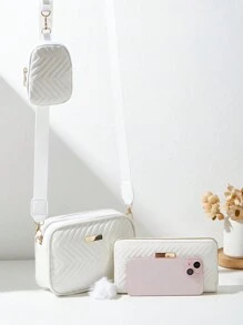 Juego de 3 bolsos de mujer de moda: bolso de mano con asa de hombro y bandolera, bolso acolchado, cartera larga, monedero pequeño y cuadrado