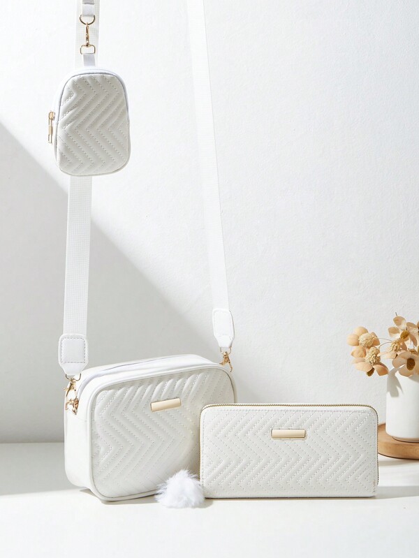 Conjunto de 3 bolsas femininas da moda: bolsa transversal de ombro, bolsa acolchoada, carteira longa, pequena bolsa quadrada, porta-moedas