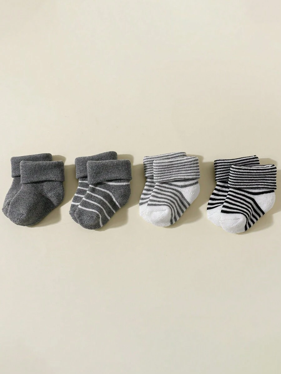 4pairs Infant Socks Solid & Stripe Crew Socks Comfortable & Warm Daily Wear - Multicolor - View 1