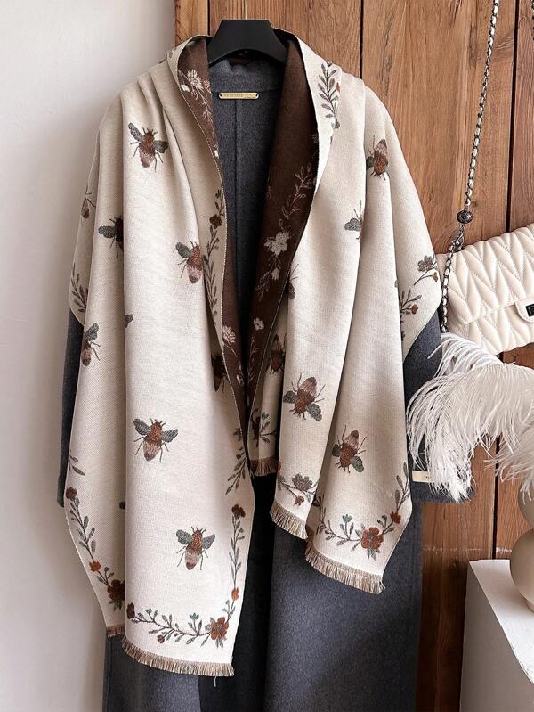 EMERY ROSE 1pc Elegant Floral & Bee Pattern Jacquard Faux Cashmere Warm Scarf For Women, Daily Wear Fashionable Air-Conditioned Shawl