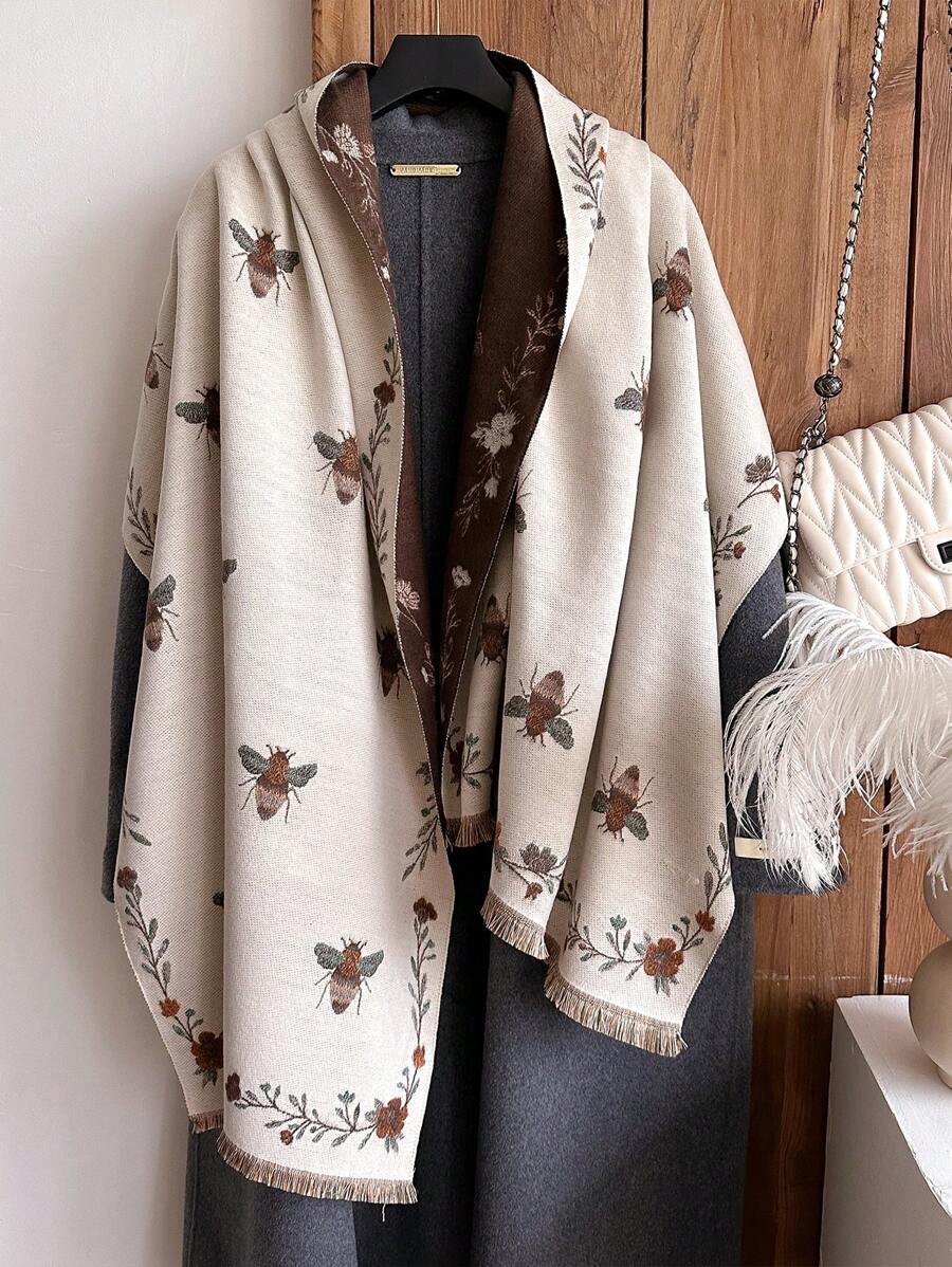 1pc Design Houndstooth Floral Pattern Jacquard Faux Cashmere Warm Scarf Cold-Proof Neck Warmer Women Autumn Winter Fashion Versatile Air Conditioning Shawl Blanket Suitable For Daily Matching And Decorative Use - Multicolor - View 1