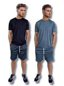 Kit 2 Men's Basic Plain Dry Fit Shirt Sports Gym Short Sleeve Fitness Multicolor - 黑色 - 查看 1