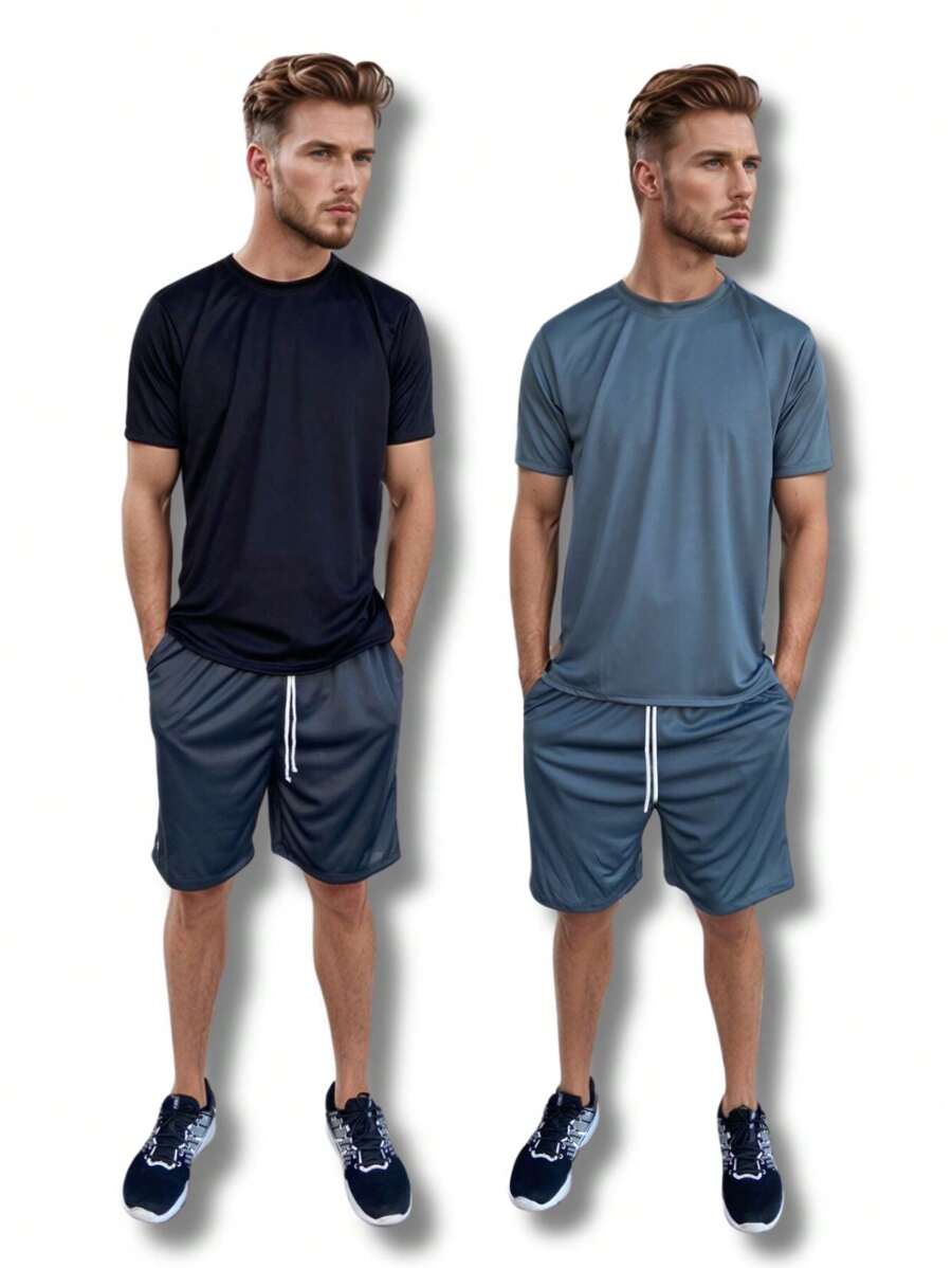 Kit 2 Men's Basic Plain Dry Fit Shirt Sports Gym Short Sleeve Fitness Multicolor - 黑色 - 查看 1