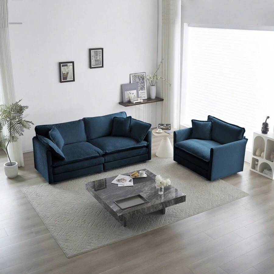2 Seater Loveseat And Chair Set, 2 Piece Sofa And Chair Set, Loveseat And Accent Chair, 2-Piece Upholstered Chenille Sofa Living Room Couch Furniture(1+2 Seat ), Blue Chenille - Blue+Chenille+3 Seat as Pic - View 1