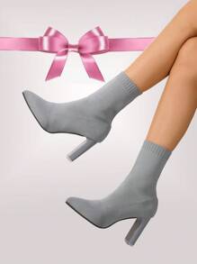 Botas cortas de tacón grueso a la moda, botas de tobillo de punto elástico para otoño/invierno, tacones altos de punta, botas de tacón grueso gris, adecuadas para uso diario, actuaciones, festivales, disfraces de Halloween