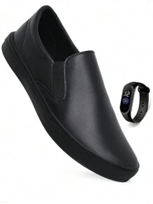 Men's Women's Casual Slip On Sneakers Yacht Laceless Easy Fit Comfortable + Watch - màu đen - Xem 1