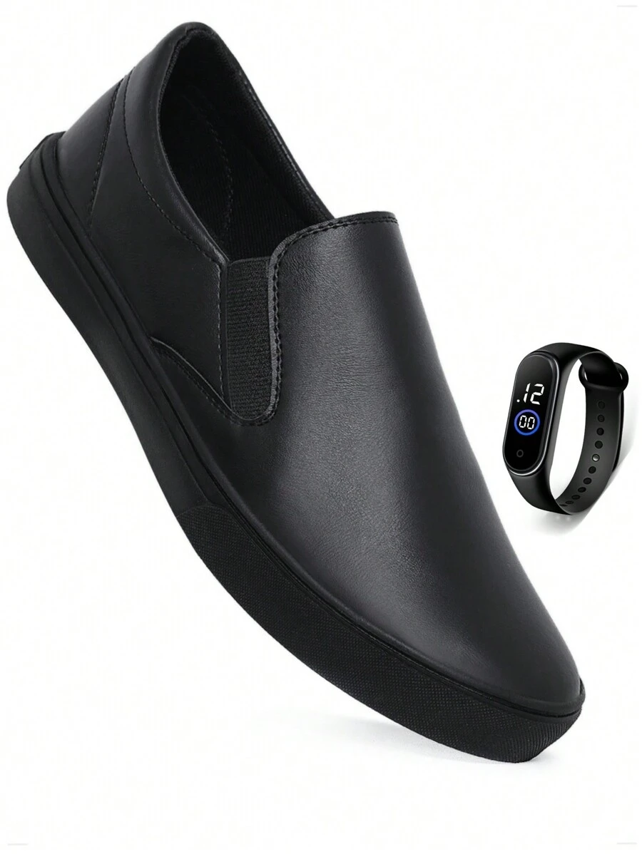 Men's Women's Casual Slip On Sneakers Yacht Laceless Easy Fit Comfortable + Watch - màu đen - Xem 1