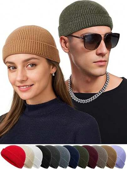 1 件针织无檐便帽，男女通用冬季保暖渔夫帽，适合户外秋季服装