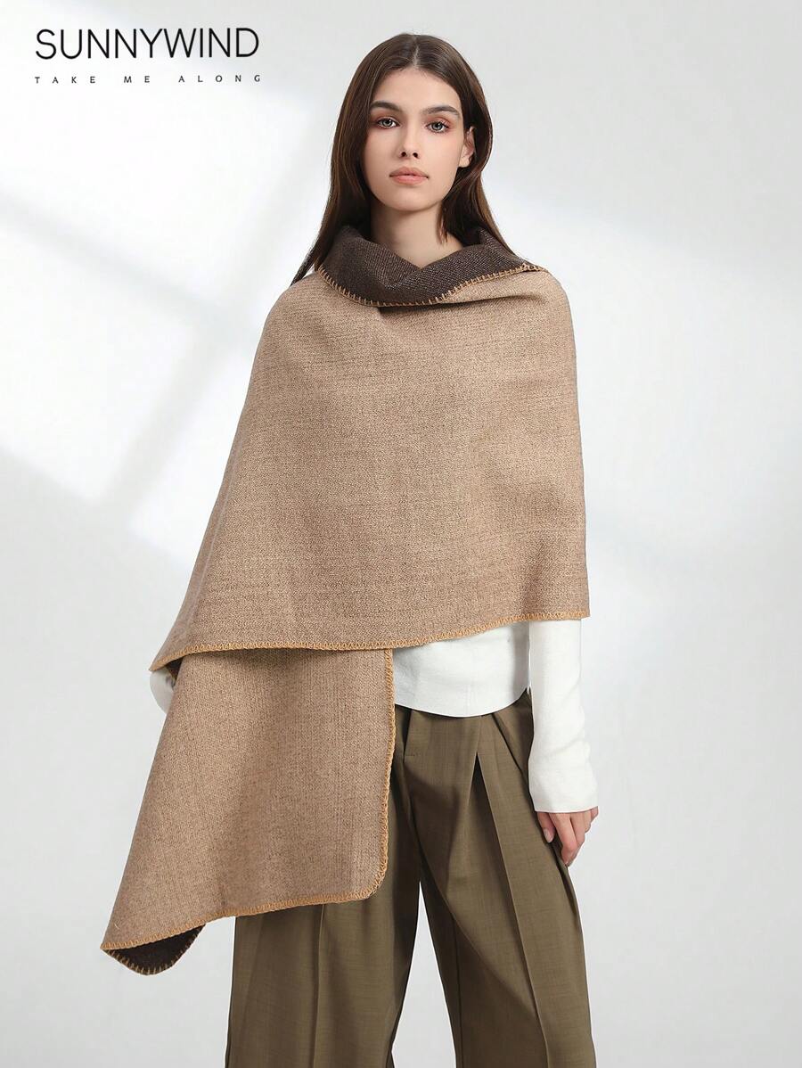 1pc Cachecol/poncho com capuz reversível de dupla face com recursos térmicos e à prova de vento, adequado para outono e inverno - Camelo - Ver 1