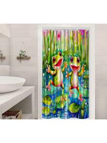 1 pieza Cortina de ducha con estampado de rana, cortina de baño de estilo ligero y elegante de tela con ganchos de plástico, impermeable, juego de decoración de baño - dos ranas - Ver 7
