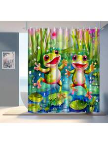 1 pieza Cortina de ducha con estampado de rana, cortina de baño de estilo ligero y elegante de tela con ganchos de plástico, impermeable, juego de decoración de baño - dos ranas - Ver 2