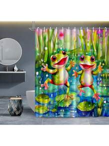 1 pieza Cortina de ducha con estampado de rana, cortina de baño de estilo ligero y elegante de tela con ganchos de plástico, impermeable, juego de decoración de baño - dos ranas - Ver 5