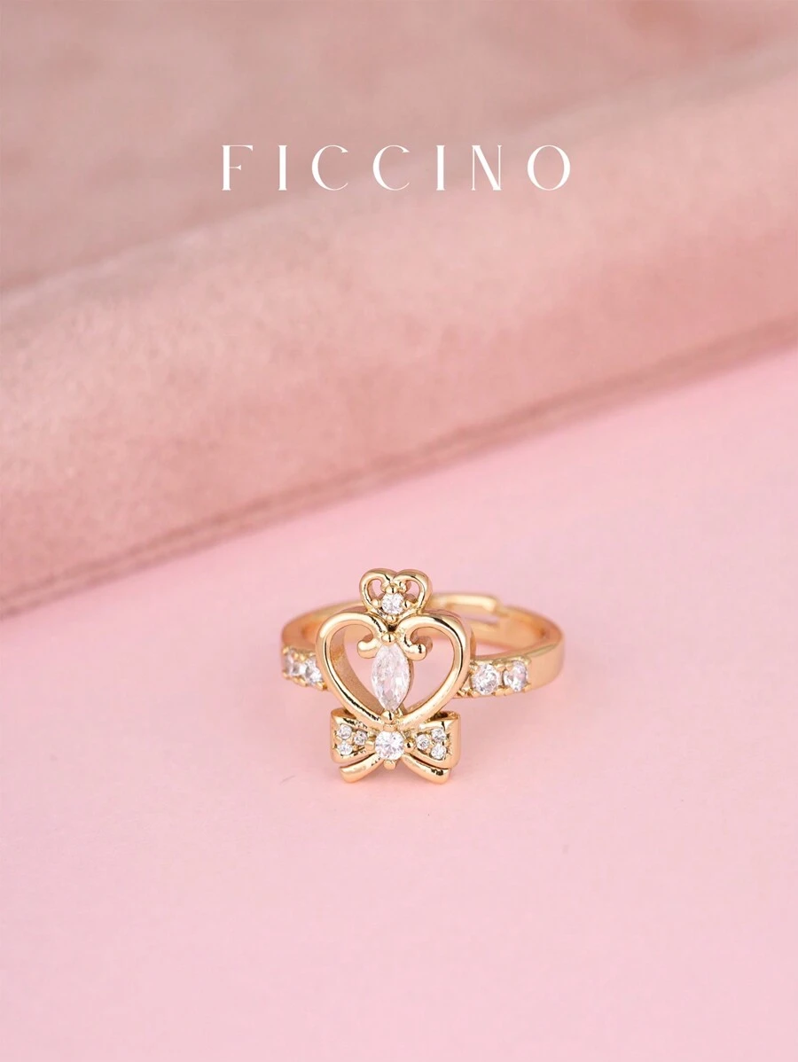 Bộ nhẫn điều chỉnh FICCINO hình trái tim hoạt hình dễ thương và nơ mạ vàng đính đá Cubic Zirconia, quà tặng trang sức ngọt ngào cho bạn bè và bạn gái, kèm hộp - 254r - Xem 1