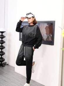Okay Conjunto De Pants con sudadera cuello redondo y pantalon ambos con pedreria - Negro - Ver 3