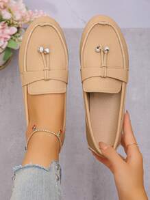 Giày lười đế bằng trang trí khóa kim cương cỡ lớn cho nữ, giày lười mũi tròn đế mềm thoải mái, giày đi bộ nhẹ thường ngày màu trơn - Màu Khaki - Xem 2