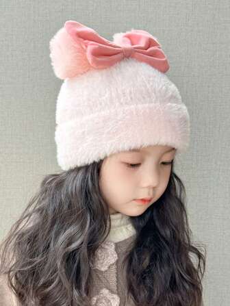 女童公主针织帽，带兔耳罩，可爱蝴蝶结设计，温暖厚实，适合户外，适合 3-8 岁，秋冬季