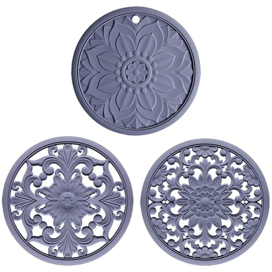 lovely flower ชุดที่วางภาชนะร้อน 3 ชิ้น ทำจากซิลิโคน, ที่รองหม้อกันลื่น