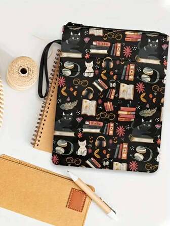 带拉链的可爱猫咪帆布书套 - 可水洗纸质书套，带口袋 - 送给女士和女孩的完美返校礼物，学校用品