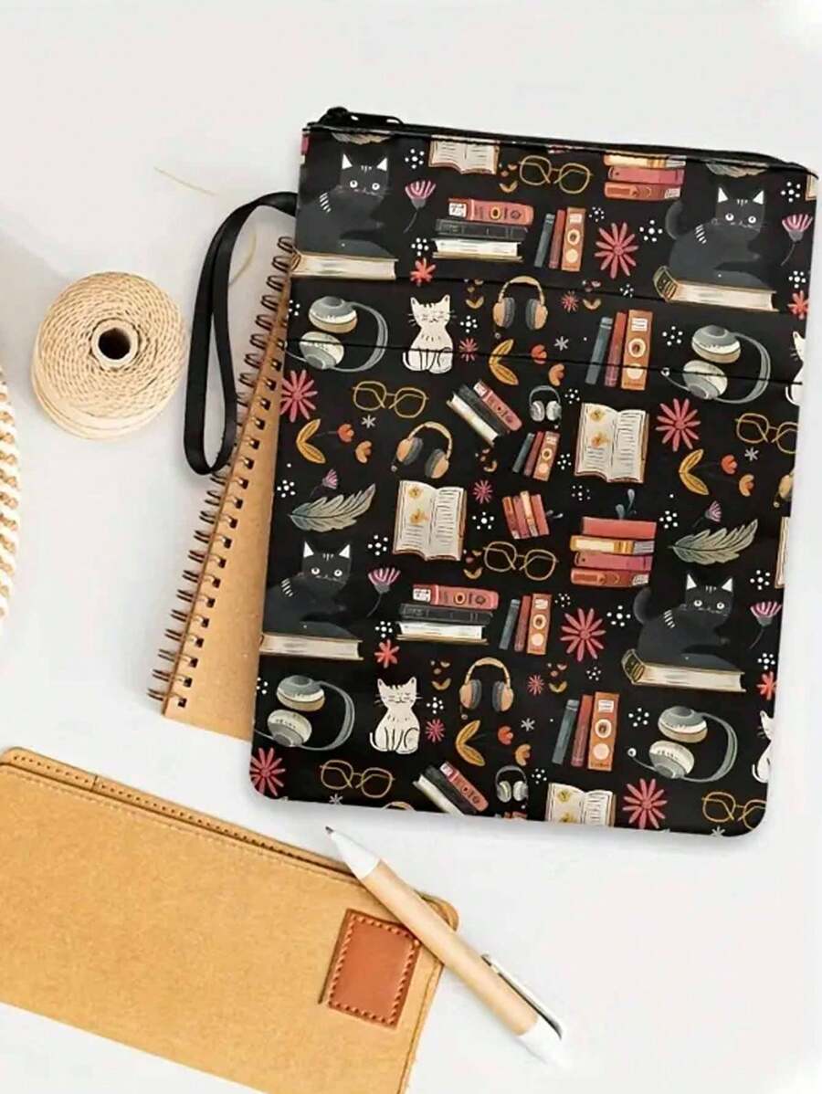 Cute Cat Canvas Book Cover With Zipper - Washable Paper Book Cover With Pocket - Perfect Gift For Women And Girls Back To School, School Supplies - Multicolor - View 1