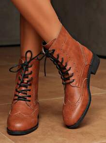 Fall/Winter Women's Fashion Vintage Stamping Floral Patchwork Lace-Up Comfortable Ankle Boots, Ideal For Holidays Party, Must-Have For Christmas And Festive Occasions,Boots For Women