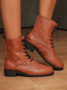 Fall/Winter Women's Fashion Vintage Stamping Floral Patchwork Lace-Up Comfortable Ankle Boots, Ideal For Holidays Party, Must-Have For Christmas And Festive Occasions,Boots For Women